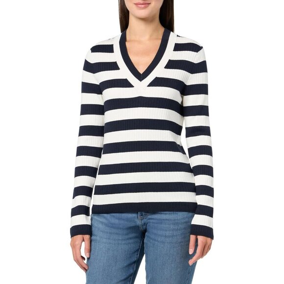 Women's Long Sleeve Ribbed V-Neck Sweater Striped Casual Wear Lofty Warmth